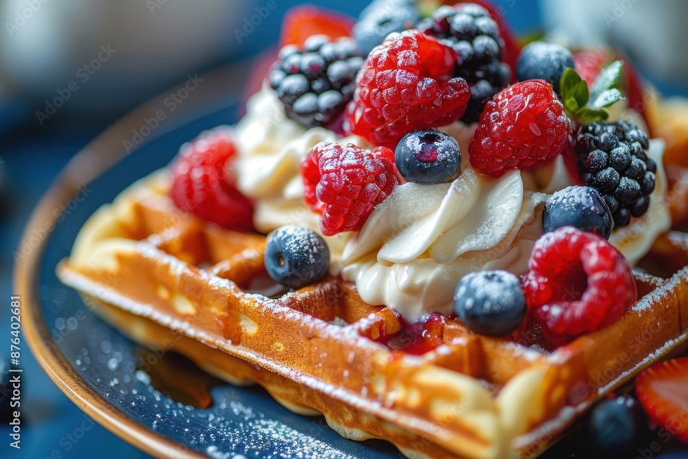 Delicious Belgian waffle topped with fresh berries, whipped cream, and syrup, beautifully presented on a dark blue plate.
Delicious Belgian waffle topped with fresh berries, whipped cream, and syrup, beautifully presented on a dark blue plate.