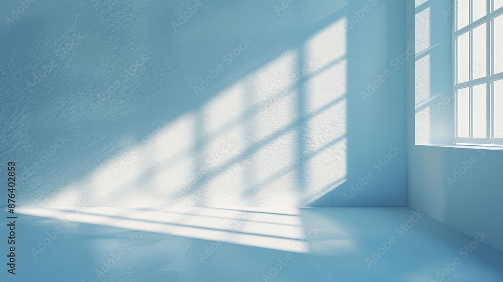 Sunlight Streaming Through Window Casting Geometric Shadows in Minimalist Blue Room – Tranquil, Bright, and Serene Interior Scene Sunlight Streaming Through Window Casting Geometric Shadows in Minimalist Blue Room – Tranquil, Bright, and Serene Interior Scene