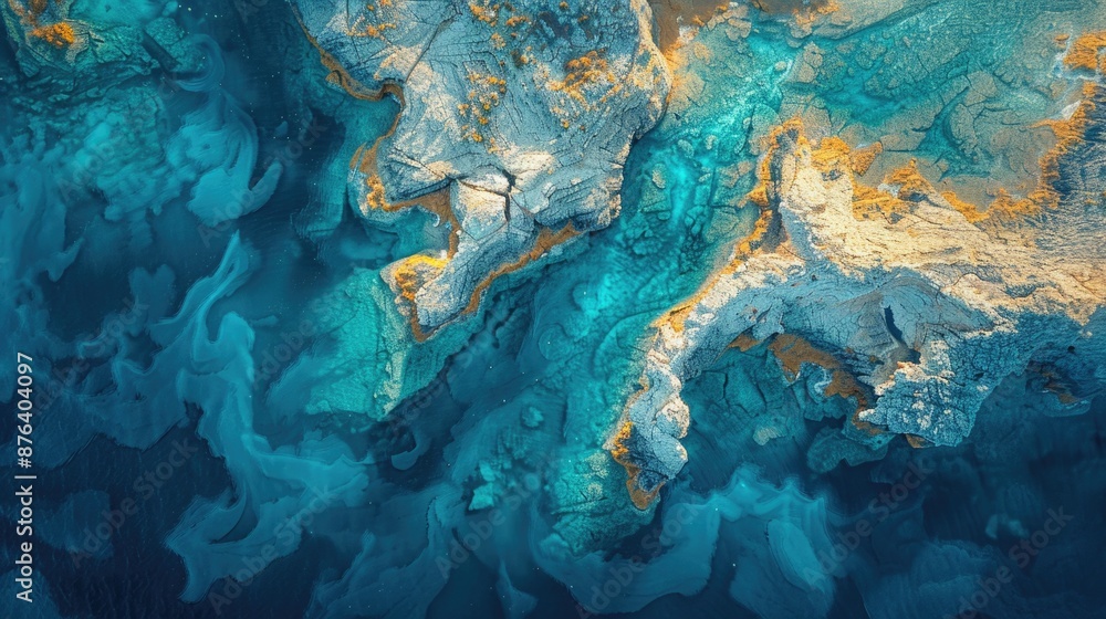 Fototapeta premium Abstract Aerial Background Showcasing Bodies of Water and Natural Landscapes with Unique Urban Views in Turquoise and Chambray Blue
