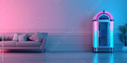 Chill Living Room Vibe Created by Retro Jukebox with Neon Vaporwave Colors. Concept Retro Jukebox, Neon Colors, Vaporwave Style, Chill Atmosphere, Living Room Decor photo