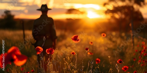 Honoring ANZAC Remembrance Day Soldier in Solitude with Red Poppy at Dawn. Concept Remembrance Day, ANZAC, Soldier, Red Poppy, Dawn, Solitude