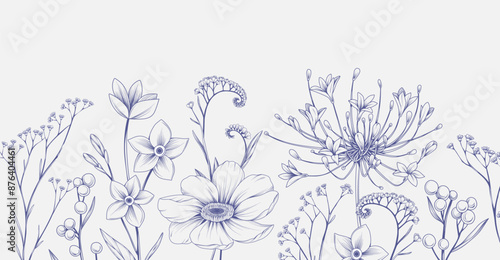 Background with detailed various flowers and foliage, intricate details and delicate forms. Hand drawn vector illustration with elegant botanical elements for invitation, save the date card