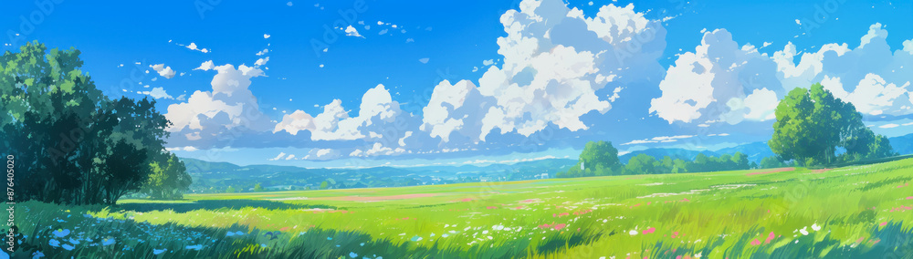 anime banner background with green meadow in front of blue cloudy sky anime banner background with green meadow in front of blue cloudy sky