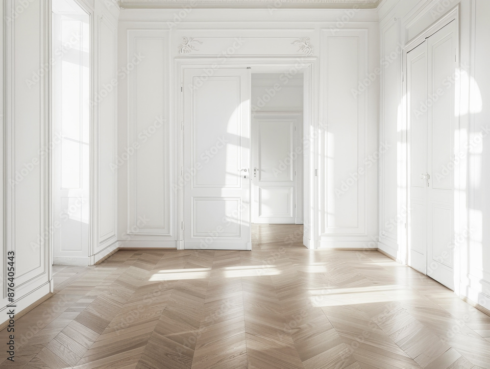 A large, empty room with white walls and wooden floors. The room is very spacious and has a clean, minimalist feel. The open doorway and windows let in plenty of natural light A large, empty room with white walls and wooden floors. The room is very spacious and has a clean, minimalist feel. The open doorway and windows let in plenty of natural light