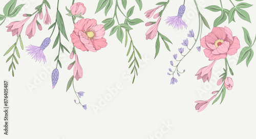 Retro colorful floral art with detailed various flowers and foliage, intricate details and delicate forms. Elegant botanical background or invitation card. Hand drawn vector illustration