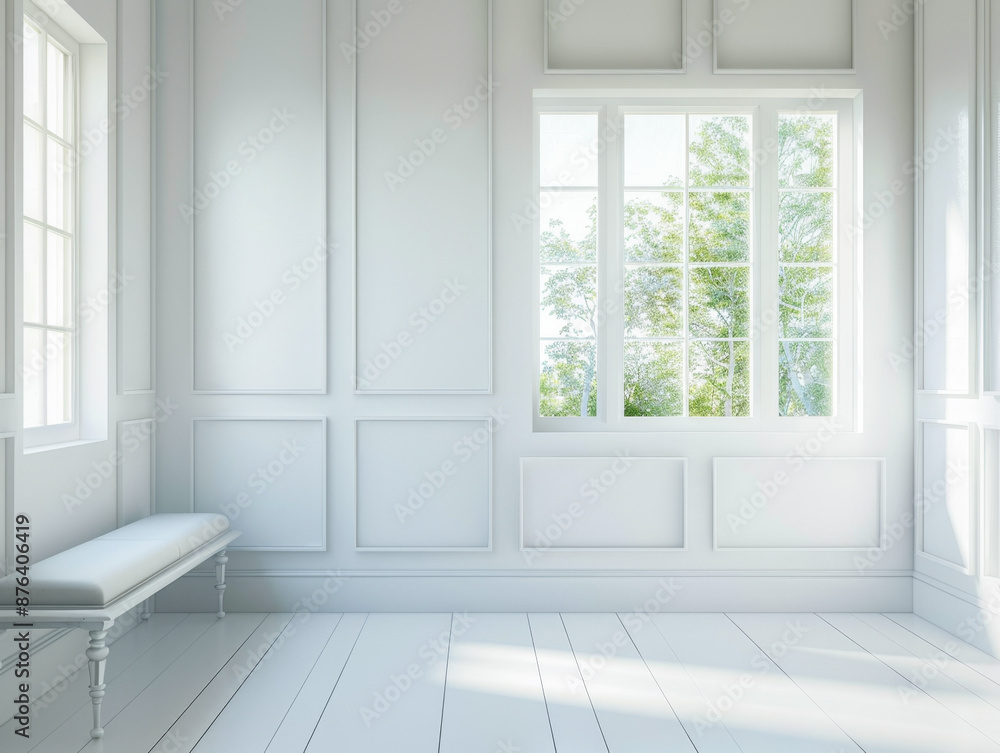 Obraz premium A white room with a bench and two windows. The room is empty and has a clean, minimalist look