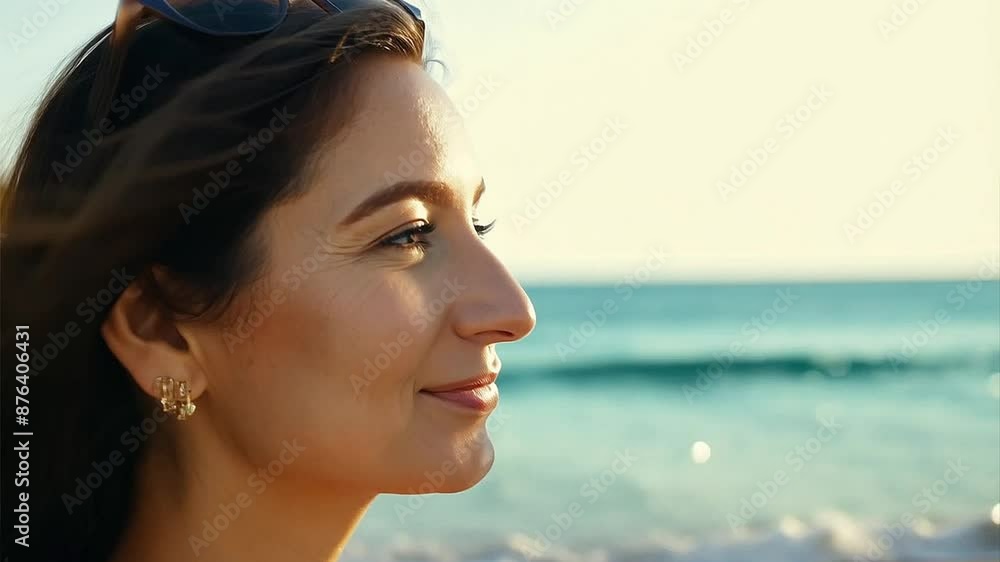 A woman looks out at the ocean and smiles A woman looks out at the ocean and smiles