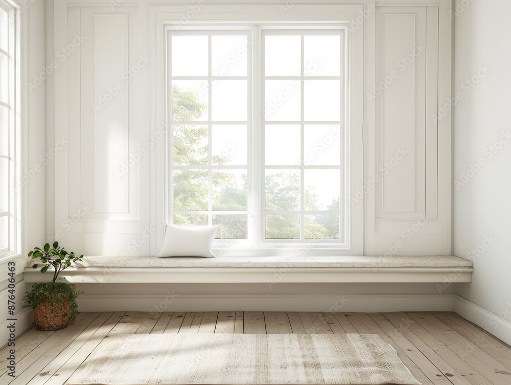 Fototapeta premium A white room with a window and a bench. The bench is empty and there is a plant on it. The room is very clean and empty, giving off a sense of calm and serenity