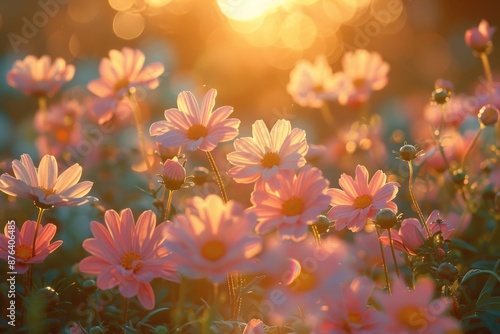 Pink daisies glowing in golden sunlight © Sandris