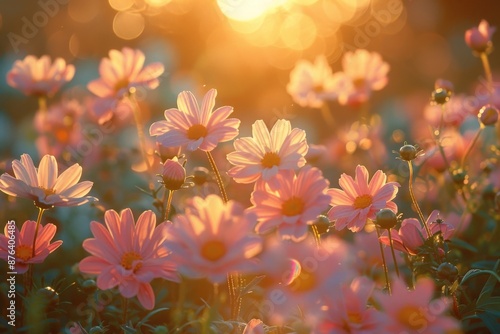 Pink daisies glowing in golden sunlight