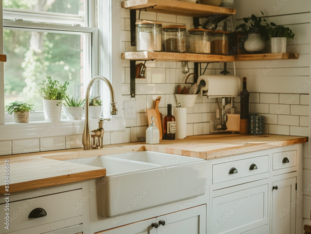 A kitchen with a white countertop and a sink with two basins. There are several potted plants in the kitchen, including one on the countertop and another on the windowsill A kitchen with a white countertop and a sink with two basins. There are several potted plants in the kitchen, including one on the countertop and another on the windowsill