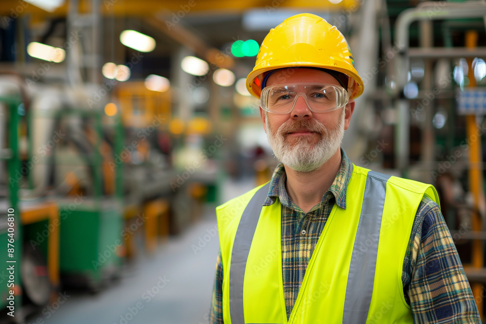 Portrait of a confident middle-aged male factory worker in a yellow hard hat and safety vest, posing in an industrial setting with machinery blurred in the background, exuding professionalism Portrait of a confident middle-aged male factory worker in a yellow hard hat and safety vest, posing in an industrial setting with machinery blurred in the background, exuding professionalism