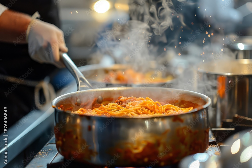 Spaghetti Bolognaise Sauce in the Pot on the table, Boiling spaghetti in a pot. Spaghetti Bolognaise Sauce in the Pot on the table, Boiling spaghetti in a pot.
