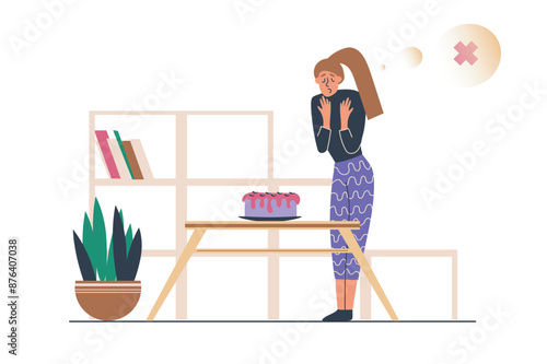 Diet with not sweet program web concept with people scene in flat design. Woman follows sugar free diet and refuses cakes and not eat sweets. Vector illustration with character situation for web