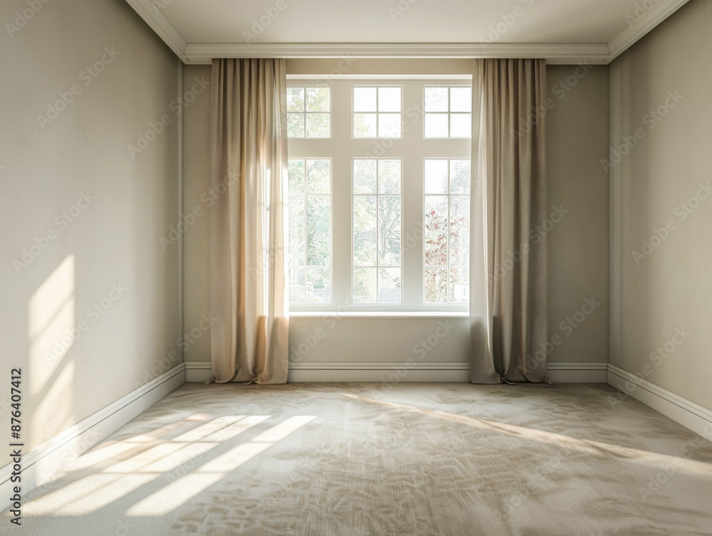 Obraz premium A large room with a window and white curtains. The room is empty and has a clean, minimalist look