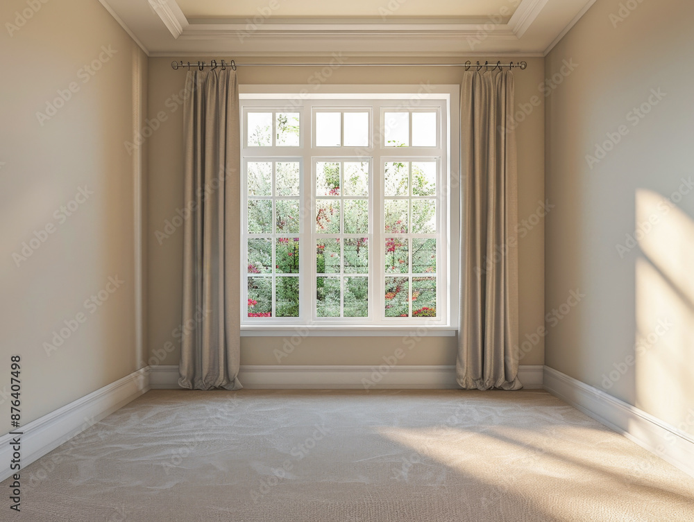 Fototapeta premium A room with a large window and white curtains. The room is empty and has a clean, minimalist look