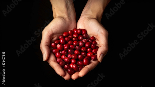 Female hands holding fresh cranberries on black background. Top view.