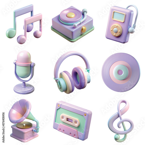 Set of musical 3d icons including headphones, microphone, audio cassette, gramophone, mp3 player