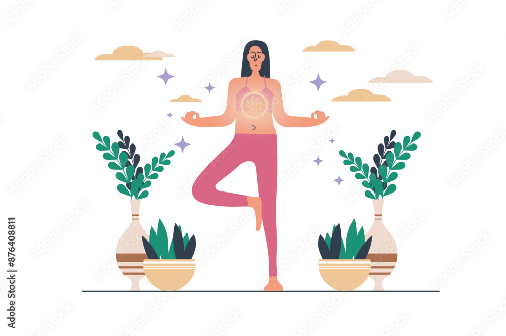 Spiritual development web concept with people scene in flat design. Woman standing in yoga position making meditation and breathing for awareness. Vector illustration with character situation for web Spiritual development web concept with people scene in flat design. Woman standing in yoga position making meditation and breathing for awareness. Vector illustration with character situation for web
