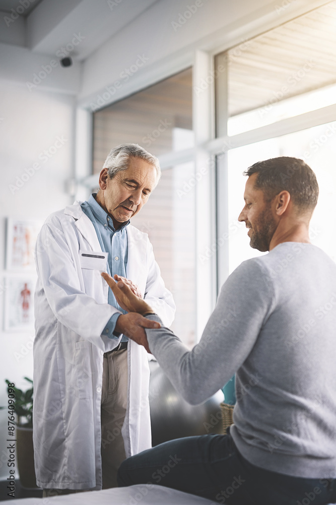 Fototapeta premium Hand, man and doctor with patient for inspection of wrist checkup, arthritis and exam for diagnosis assessment. Medical, people and joint pain from accident, nerve problem and healing arm of wellness