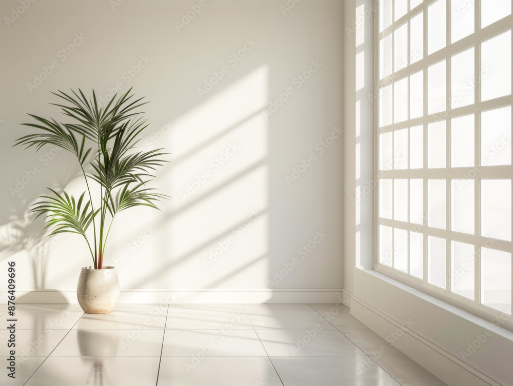 A white room with a large window and a potted plant. The room is empty and the plant is the only decoration A white room with a large window and a potted plant. The room is empty and the plant is the only decoration