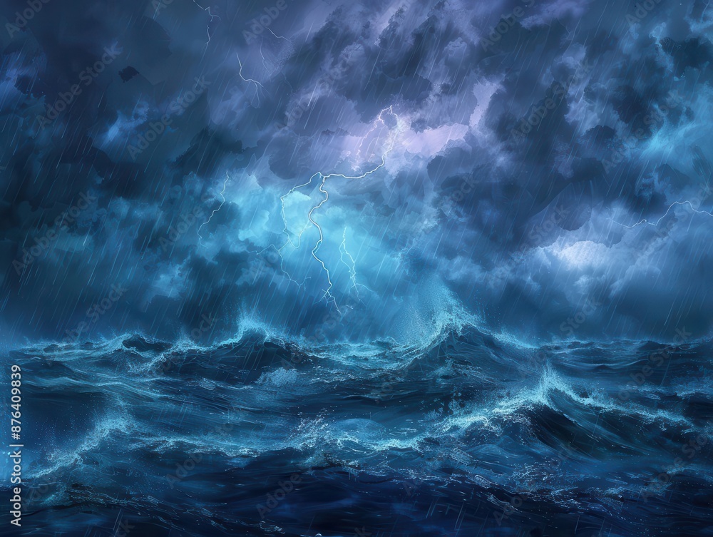 An anxious stormy sky over a choppy sea, dark clouds swirling and lightning piercing through An anxious stormy sky over a choppy sea, dark clouds swirling and lightning piercing through