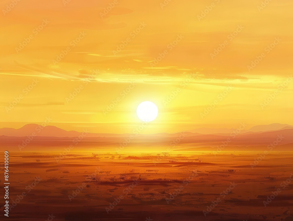 Hopeful sunrise over expansive plains, warm oranges and yellows illuminating the scene, panoramic view showcasing vastness Hopeful sunrise over expansive plains, warm oranges and yellows illuminating the scene, panoramic view showcasing vastness