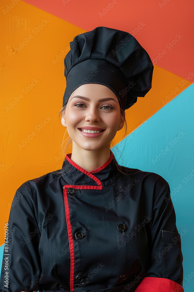 Chef woman smiling on colored background with copy space. Young cook in uniform banner template. Chef woman smiling on colored background with copy space. Young cook in uniform banner template.