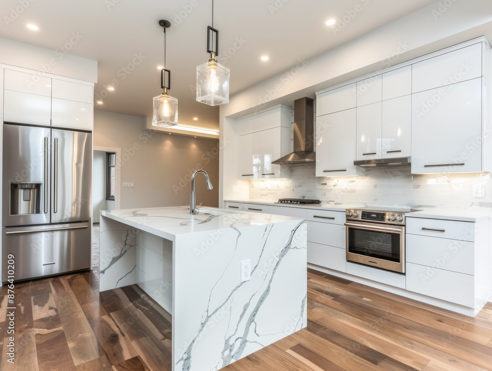 A modern kitchen with a marble countertop and stainless steel appliances. The kitchen is well-lit and has a clean, minimalist design A modern kitchen with a marble countertop and stainless steel appliances. The kitchen is well-lit and has a clean, minimalist design