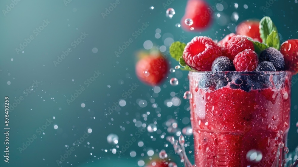 Red summer fruits and berries blended into a refreshing smoothie by girl with a green backdrop Red summer fruits and berries blended into a refreshing smoothie by girl with a green backdrop