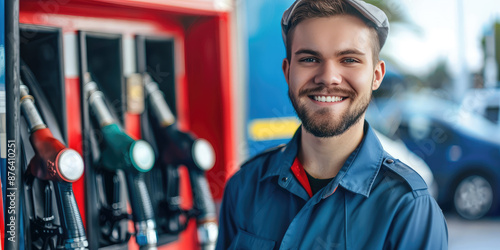 Fototapeta Naklejka Na Ścianę i Meble -  Gas station attendant man worker smiling on colored background with copy space. Young fuel attendant in uniform banner template.