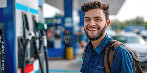 Fototapeta Naklejka Na Ścianę i Meble -  Gas station attendant man worker smiling on colored background with copy space. Young fuel attendant in uniform banner template.