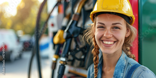 Fototapeta Naklejka Na Ścianę i Meble -  Gas station attendant woman worker smiling on colored background with copy space. Young fuel attendant in uniform banner template.