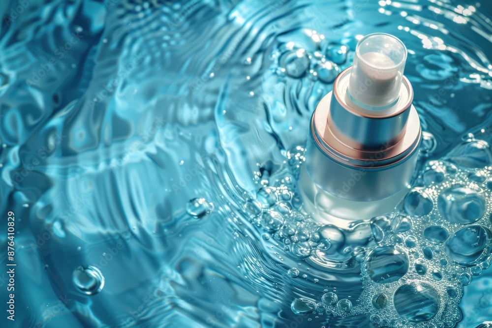 Spray bottle on the water surface. Cosmetics and makeup skincare concept for beauty, healthcare and fashion industry Spray bottle on the water surface. Cosmetics and makeup skincare concept for beauty, healthcare and fashion industry