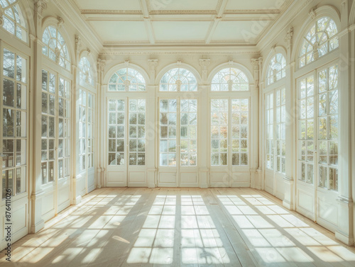 A large, empty room with white walls and white windows. The room is very bright and airy, with sunlight streaming in through the windows. The space is open and inviting
