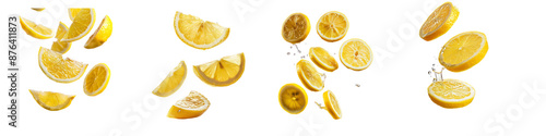 Collection of floating slices of lemon isolated on transparent background photo