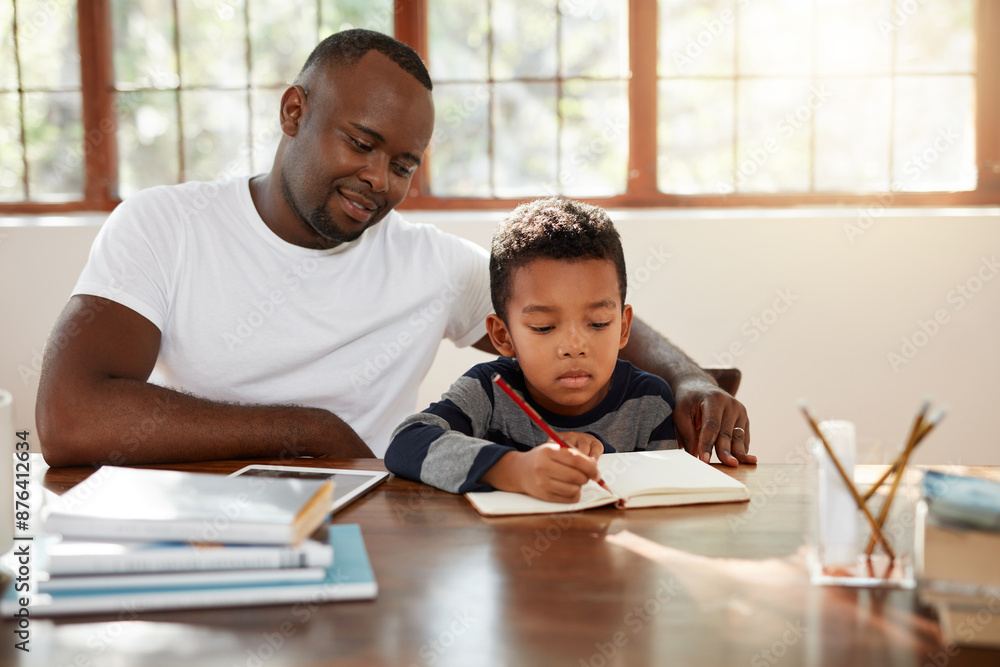 Homework, helping and dad with kid and writing help in family home with notebook and parent support. Learning, development and student with education and school study for development at table Homework, helping and dad with kid and writing help in family home with notebook and parent support. Learning, development and student with education and school study for development at table