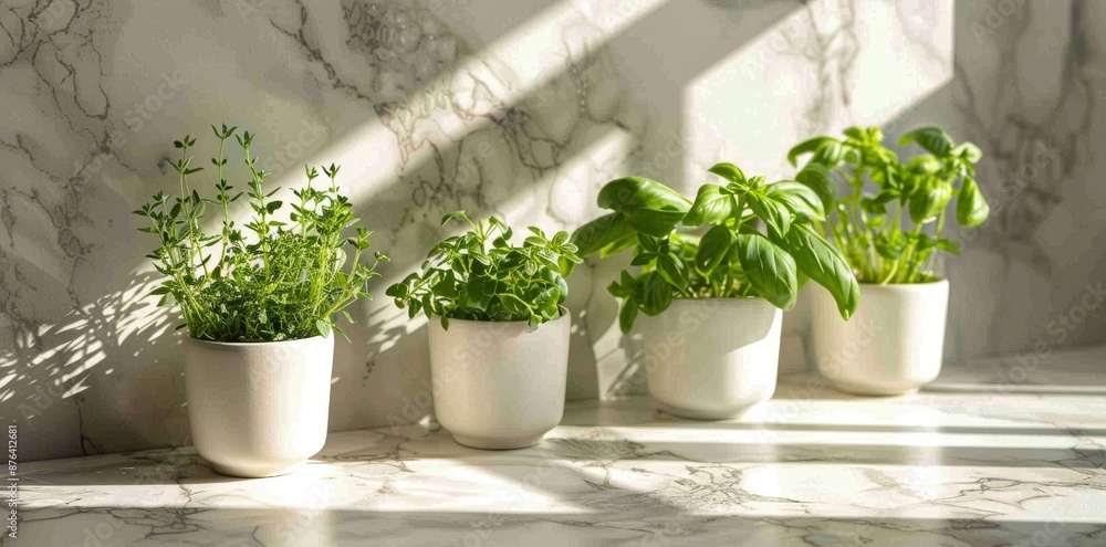 Fresh Herbs Growing in White Pots on a Marble Kitchen Countertop in the Morning Sunlight Fresh Herbs Growing in White Pots on a Marble Kitchen Countertop in the Morning Sunlight
