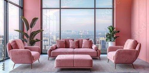Pink Living Room Furniture Set With City View In Modern Apartment