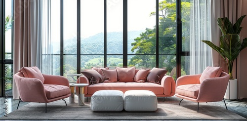 Pink Living Room Furniture Set With City View In Modern Apartment
