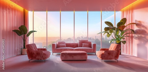 Pink Living Room Furniture Set With City View In Modern Apartment