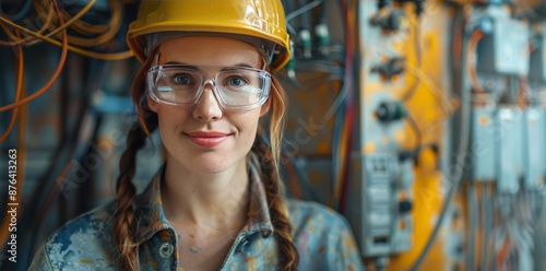 Female Engineer Wearing Hard Hat and Safety Glasses in a Factory Setting
