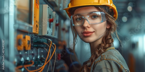 Female Engineer Wearing Hard Hat and Safety Glasses in a Factory Setting
