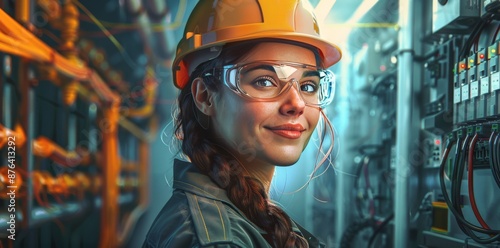 Female Engineer Wearing Hard Hat and Safety Glasses in a Factory Setting