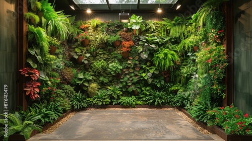 Lush Indoor Vertical Garden With Concrete Floor and Overhead Lighting photo