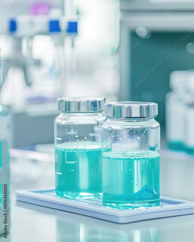 Laboratory Setting with Glass Jars Filled with Blue Liquid for Scientific Research and Medical Testing Laboratory Setting with Glass Jars Filled with Blue Liquid for Scientific Research and Medical Testing