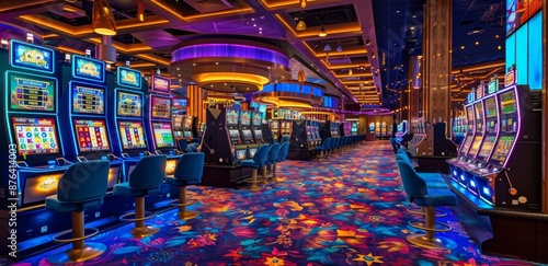 Rows of Colorful Slot Machines in a Neon Lit Casino