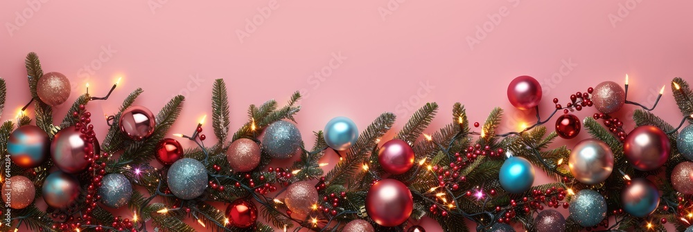 Christmas frame banner with lit garland, Xmas balls, fir tree twigs and copy space on pink background. New Year theme Christmas frame banner with lit garland, Xmas balls, fir tree twigs and copy space on pink background. New Year theme