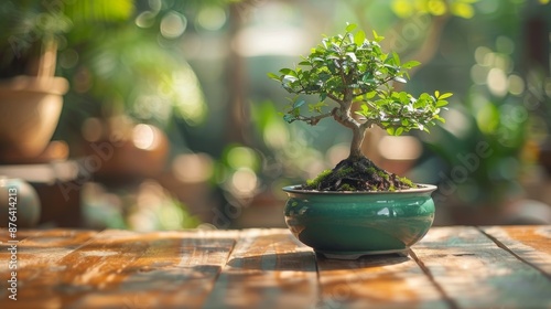Green Bonsai Tree in Pot on Wooden Table in Sunny Greenhouse