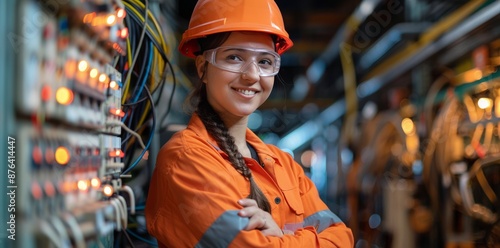 Female Industrial Worker With Safety Gear Standing Near Control Panel in Factory